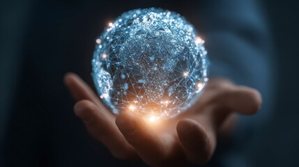 A person's hand cupping a glowing digital globe composed of connected lines and dots, symbolizing global connectivity