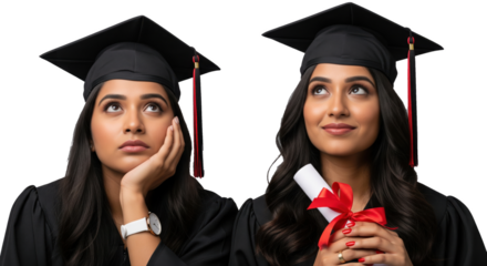 female graduates in caps and gowns posing happily with a diploma tied in a red ribbon