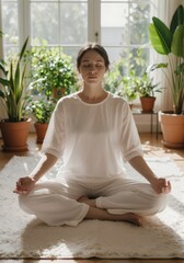 Mindful meditation in sunlit room with white rug and green plants