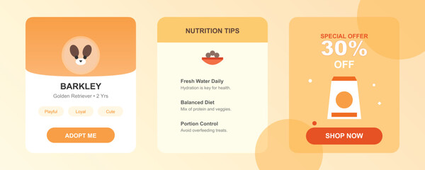 Pet Adoption and Care UI Card Set with Nutrition Tips and Special Offers