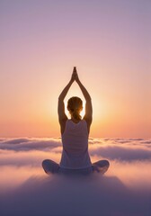 Sunset beach meditation with raised hands in peaceful silhouette