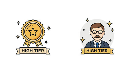 High tier qualification badge and successful businessman icon symbolizing premium service levels and achievement recognition in business contexts