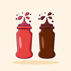 Strawberry and chocolate jam bottles are perfect for topping cakes and pastries with a sweet, minimalist, flat cartoon design. The icon is a ketchup or tomato bottle.