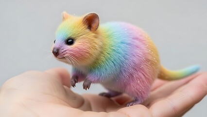 Adorable tiny rainbow-colored marsupial sitting on a human palm, a whimsical and magical creature