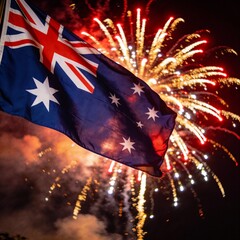 Australian flag waving with fireworks display at night