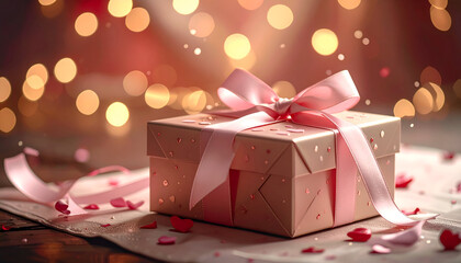 A beautifully wrapped valentine gift box sits on a table with scattered rose petals and ribbon.