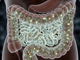 Human Intestines with Glowing Probiotics and Healthy Gut Flora.