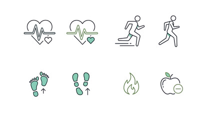 Collection of simple line icons representing key health and fitness metrics like heart rate tracking steps activity level and calorie management for digital wellness applications