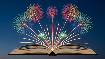 Open book with fireworks display