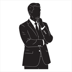 A high-contrast black silhouette illustration depicts a man in a business suit. He stands in a pensive pose, with one hand resting on his chin and the other arm crossed over his chest. This posture 