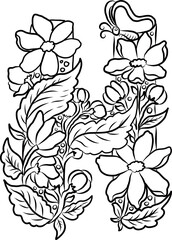 Floral alphabet letter A-Z hand drawn Illustration, Decorative botanical typography for coloring Pages and creative design.Set of flower alphabet.Line art and doodle for t-shirt.Elements with flower.