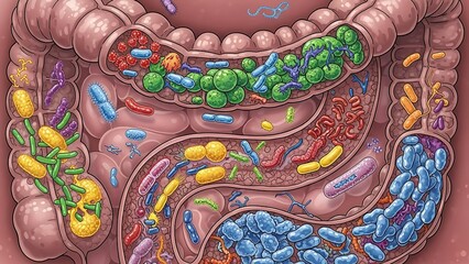 Microscopic View of Human Gut Microbiome Diversity and Bacteria.