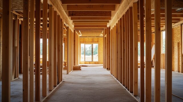 71.A view of the interior of a newly constructed house still in progress. The unfinished space features exposed wooden studs and beams, revealing the basic framing that will support the walls,