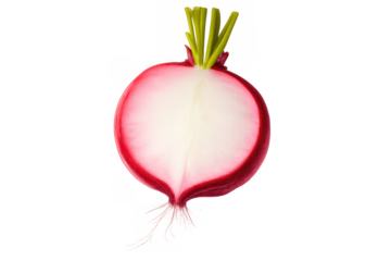 Fresh red radish sliced in half, showing white interior and green top, crisp raw vegetable food, transparent background