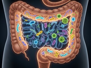 Human Intestine with Microorganisms and Gut Flora.