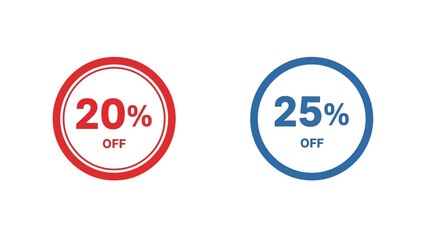 20 percent and 25 percent off discount sale badge set, red and blue promotional offer circle labels