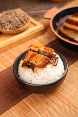 Japanese Unagi Eel Rice Bowl with Glazed Grilled Eel and Steamed Rice Traditional Asian Cuisine