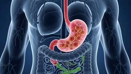 Human Digestive System Anatomy with Highlighted Stomach and Esophagus.