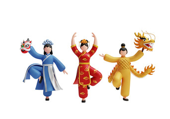 Three women in traditional Chinese dance costumes performing