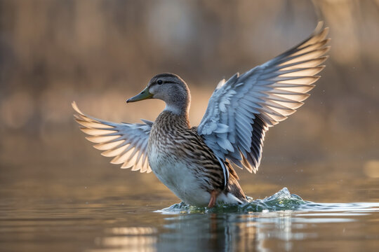A female mallard duck flapping its wings on the water surface, backlit by golden sunlight that highlights the translucent texture of its feathers and the splashing water droplets.
