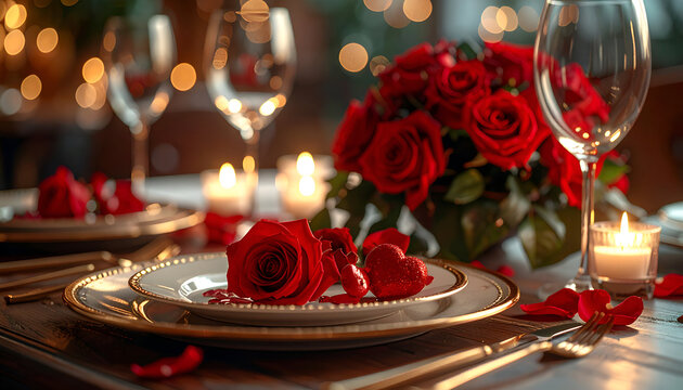 A romantic valentine dinner setup with red roses on a plate in a candlelit room