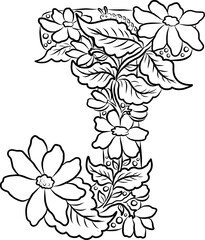Floral alphabet letter A-Z hand drawn Illustration, Decorative botanical typography for coloring Pages and creative design.Set of flower alphabet.Line art and doodle for t-shirt.Elements with flower.