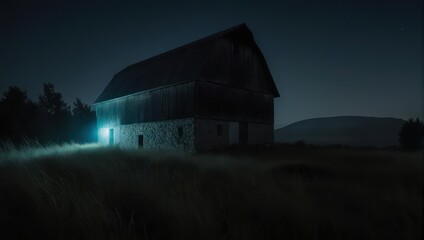 An aged barn glows eerily at night, with grass in the foreground, under a starry sky