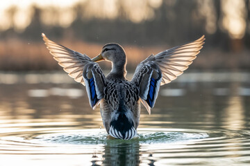 A Mallard duck flapping its wings on calm water, backlit by golden sunlight that illuminates the translucent feathers and highlights the vibrant blue speculum patches on its wings.