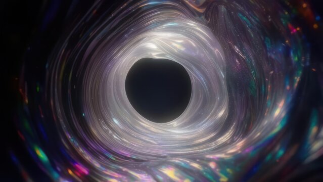 Abstract digital image of a dark void surrounded by swirling, iridescent, amorphous shapes