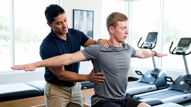 Physical therapist assisting patient with exercise in a modern gym setting with equipment