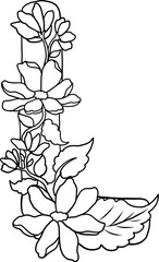 Floral alphabet letter A-Z hand drawn Illustration, Decorative botanical typography for coloring Pages and creative design.Set of flower alphabet.Line art and doodle for t-shirt.Elements with flower.