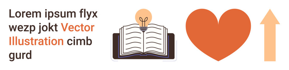 Education, creativity, personal growth, innovation, inspiration, learning. Open book with light bulb on top, heart and upward arrow. Education and creativity concepts © robu_s