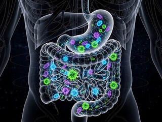 3D Medical Illustration of Human Digestive System with Microbes.