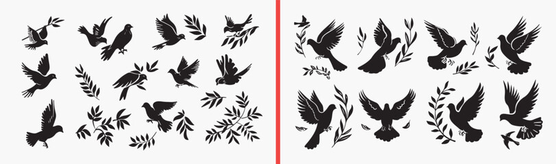 Obraz premium flying bird icons, bird silhouette vector, wildlife bird illustrations, nature bird symbols, black bird graphics, forest bird pack, animal silhouette set, outdoor bird elements, eco wildlife icons, bi