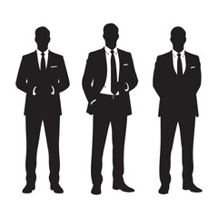This image displays three full-body silhouettes of men in business suits standing side-by-side against a white background. The solid black figures depict professional attire, including jackets, shirts