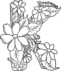 Floral alphabet letter A-Z hand drawn Illustration, Decorative botanical typography for coloring Pages and creative design.Set of flower alphabet.Line art and doodle for t-shirt.Elements with flower.