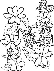 Floral alphabet letter A-Z hand drawn Illustration, Decorative botanical typography for coloring Pages and creative design.Set of flower alphabet.Line art and doodle for t-shirt.Elements with flower.