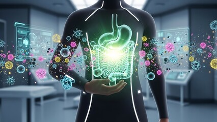 Human Digestive System Hologram in Futuristic Medical Research Lab.