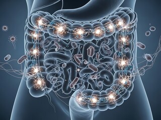 Human Digestive System Intestines with Glowing Bacteria and Microbes.