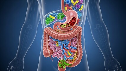 Human Digestive System with Colorful Microorganisms and Bacteria Illustration.
