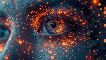 Close-up human eye with glowing orange particles on skin for futuristic technology and AI integration themes