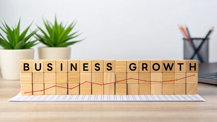 Business growth is essential for success, represented by wooden blocks and graphs, highlighting economics and risk in modern workspace