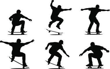 Obraz premium Six dynamic silhouettes of skateboarder performing tricks, jumps, and maneuvers, showcasing motion, balance, and skill in urban skateboarding culture