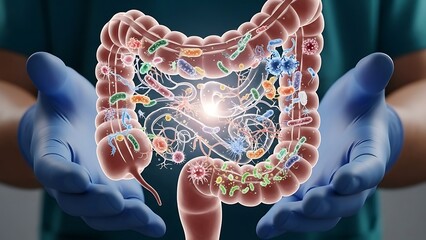 Human Digestive System Intestines Microbiome Health and Disease Concept.