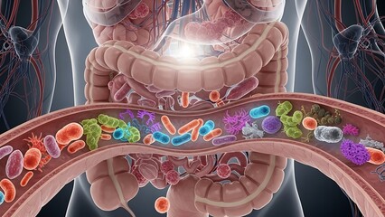 Microscopic View of Human Gut Microbiome and Digestive System Anatomy.