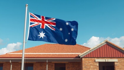 Australian flag flying on flagpole in front of brick building with red roof under sunny sky for patriotic themes