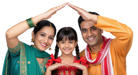 happy indian family standing together on isolated background