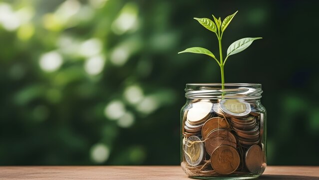 A small green plant growing in a jar filled with coins on a wooden table outdoors.