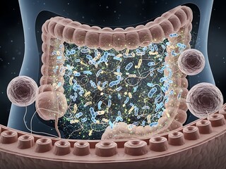 Microscopic View of Gut Microbiome and Intestinal Flora.