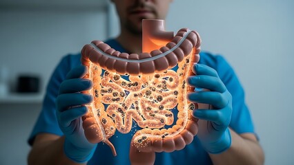 Doctor holding glowing human digestive system anatomy model.